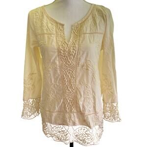 Sundance Cotton Embroidered Long Sleeve Top Lace SZ M Ivory Boho Hippie Casual